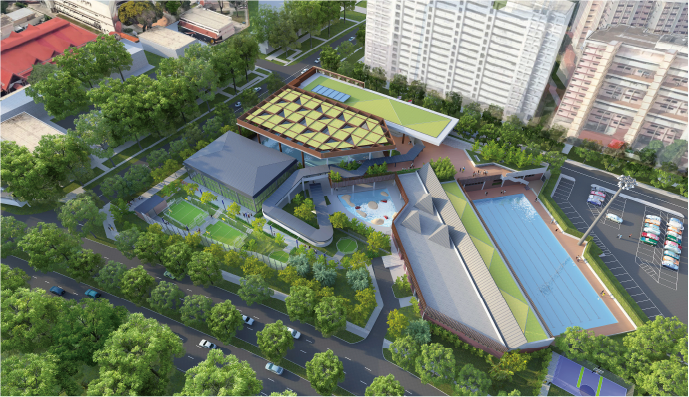 Aerial 3D render of future Ang Mo Kio Swimming Complex